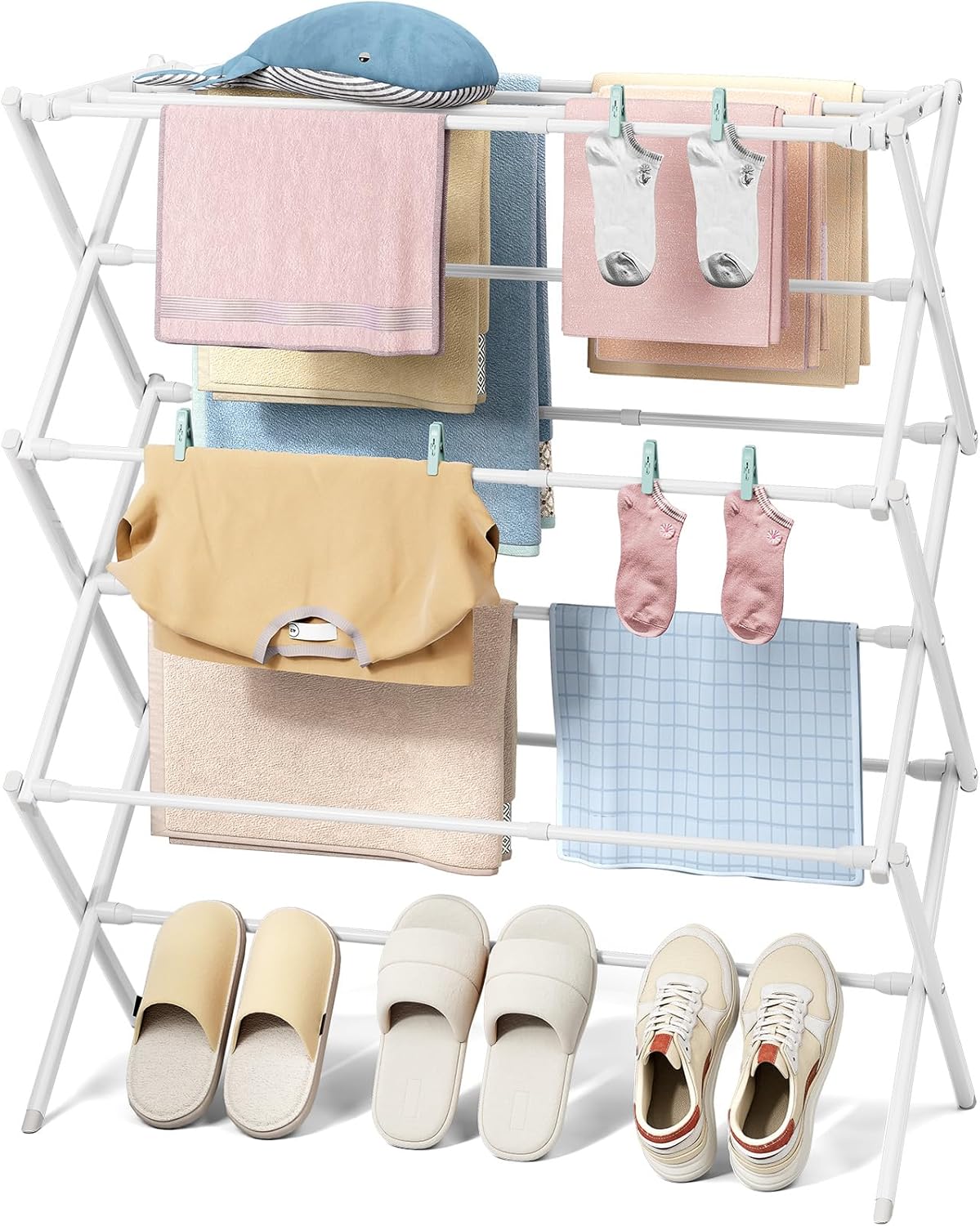 KINGBOARD Clothes Drying Rack, Collapsible Drying Rack Clothing with 11 Poles, 3-Tier Laundry Drying Rack, Small Clothes Drying Rack Foldable for Baby Clothes Sock Towel, 25lb Capacity, White