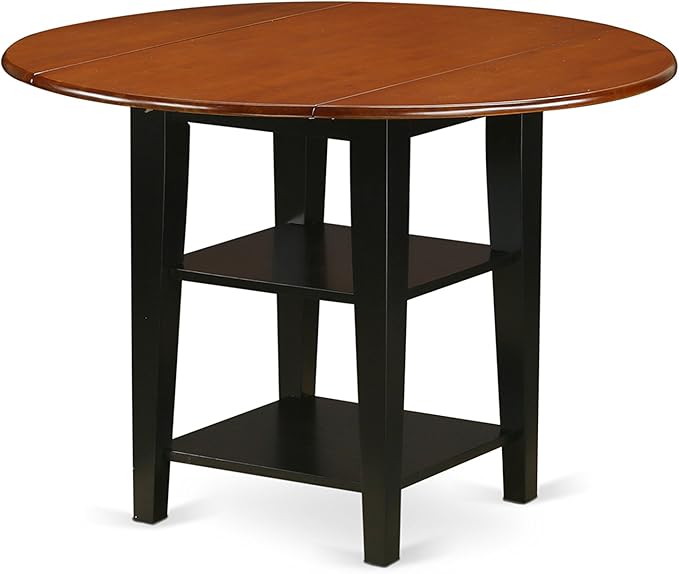 East West Furniture SUAV3-BCH-LC 3 Piece Dining Table Set Contains a Round Dining Room Table with Dropleaf & Shelves and 2 Faux Leather Upholstered Chairs, 42x42 Inch, Black & Cherry