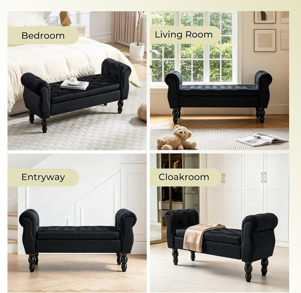 Velvet Upholstered Storage Bench with Arms and Wooden Legs, 47.6" Modern...