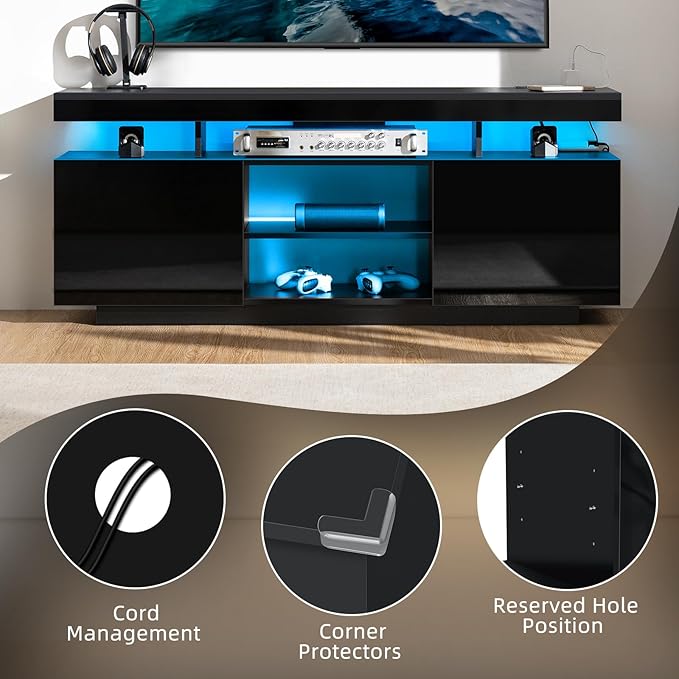 HOMMPA Modern LED TV Stand for 65/60/55 inch TV with Power Outlets - Gaming Console Storage Entertainment Center with LED Lights - Black