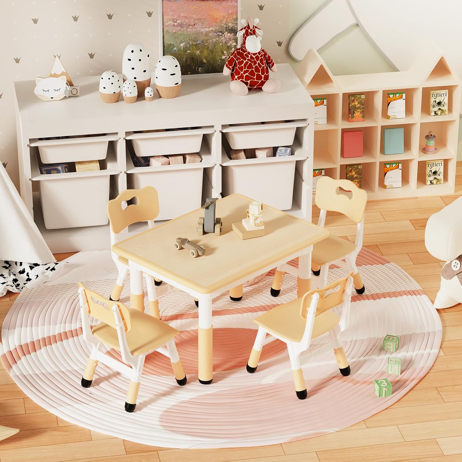 HLPB Kids Table and 4 Chairs Set, Adjustable Height Graffiti Toddler Table | Non-Slip Legs, Children Multi-Activity Table for Ages 2-8, Max 300lbs, Classroom/Daycare/Home, 31.5''L x 23.6''W