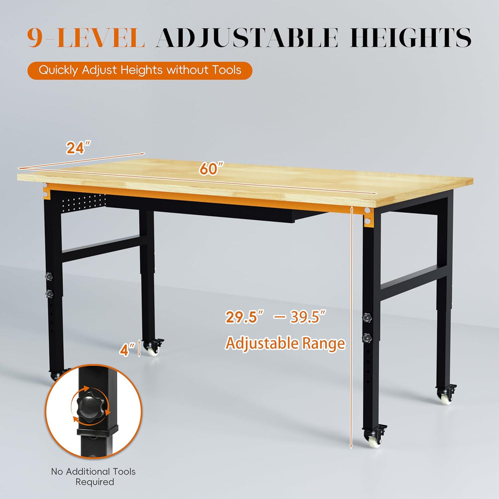 Betterhood 60" Adjustable Workbench on Wheels, 2000 LBS Heavy Duty Work ...