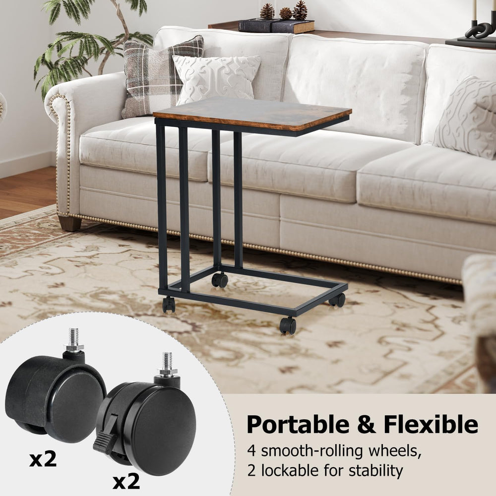FurnitureR End Table C Shaped, Snack Side Table with Rolling Wheels for Sofa ...