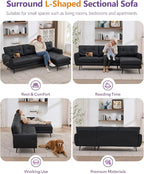 TYBOATLE 3 Seat L Shaped Leather Sectional Couches for Living Room, Faux Leather Couch w/USB & Type-C Charging Port, Small Sectional Sofa w/Deep-Seat Chaise (Black)