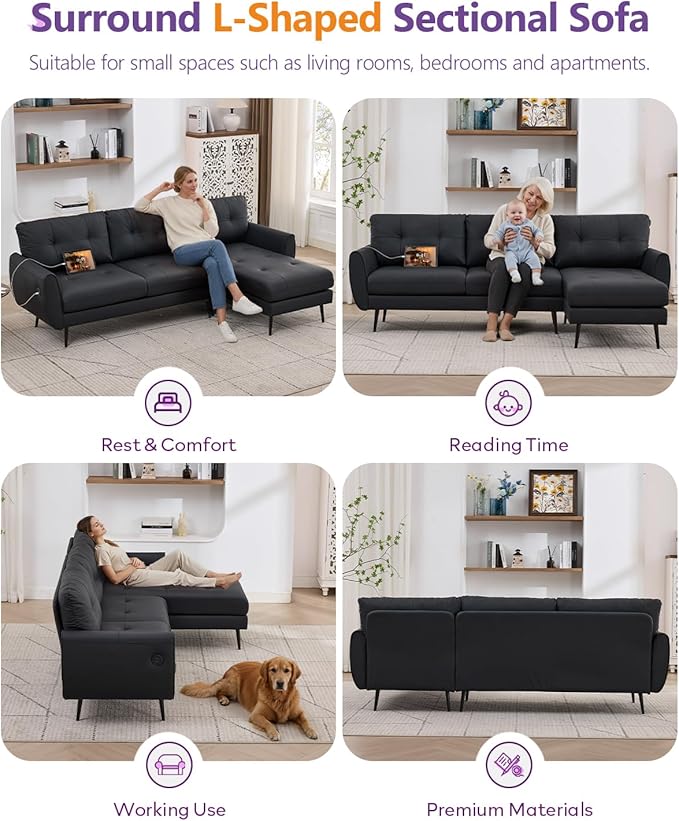 TYBOATLE 3 Seat L Shaped Leather Sectional Couches for Living Room, Faux Leather Couch w/USB & Type-C Charging Port, Small Sectional Sofa w/Deep-Seat Chaise (Black)
