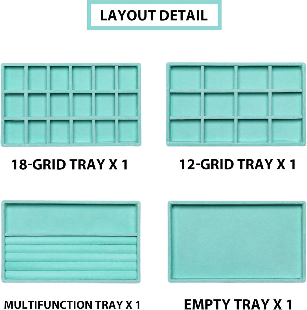 Frebeauty Jewelry Organizer Tray,Stackable Velvet Jewelry Trays,Drawer Inserts Earring Organizer For Women Jewelry Storage Display Case for Rings Stud Necklaces,Set of 4(Turquoise)