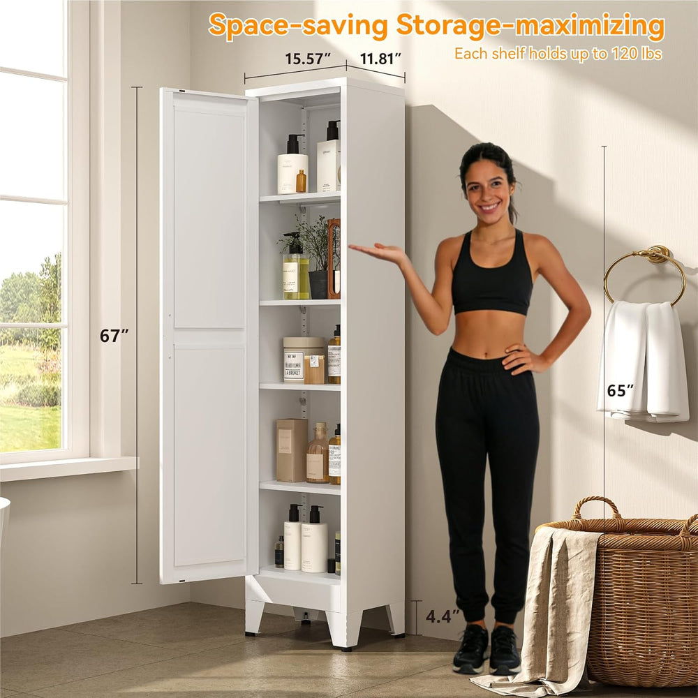 67" Tall Storage Cabinet with Reversible Doors and Adjustable Shelves,Me...