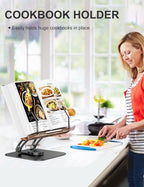 Tounee Book Stand for Reading, Adjustable Book Holder with 360° Swivel Base, Foldable Cookbook Stand Recipe Book Holder with Elastic Page Clips for Music Scores, Recipe, Tablet, Laptop-Black
