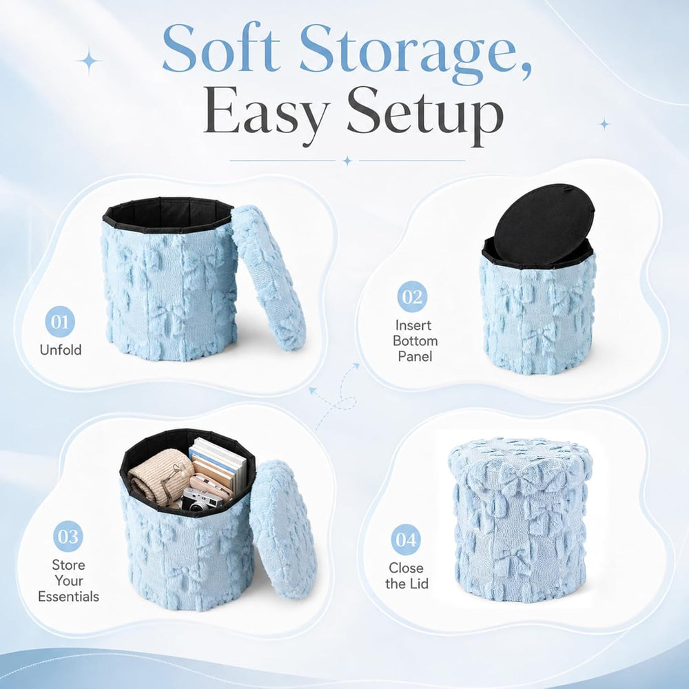 RattanView Foldable Ottoman with Storage 12 Inch Blue Bow Coquette Round Stor...