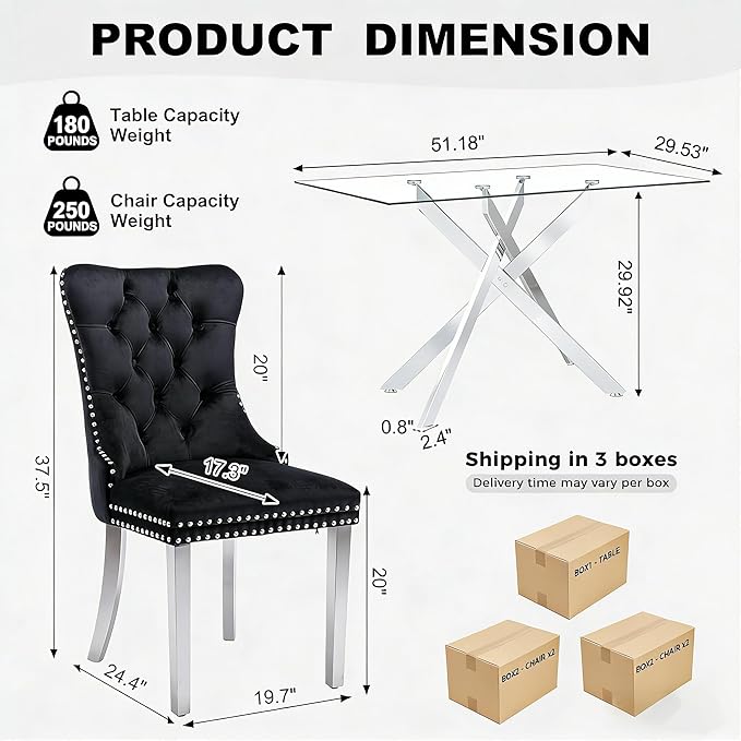 51 Inch Glass Dining Table Set for 4, 5 Piece Modern Dining Room Set, Rectangular Glass Kitchen Table with 4 Upholstered Velvet Accent Chairs, for Home, Apartment, Small Spaces - Black Silver