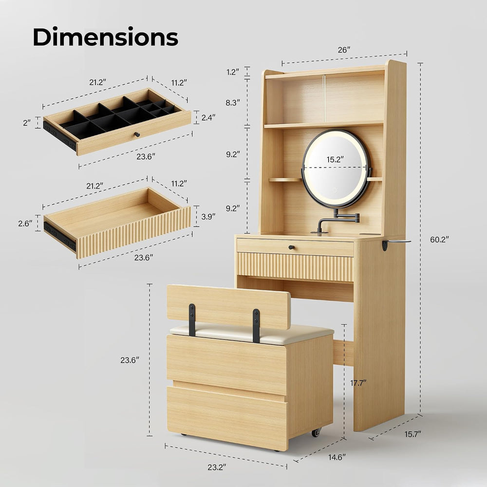 IRONCK Small Vanity Desk with LED Mirror, Glass Top & Storage Stool | 26-...