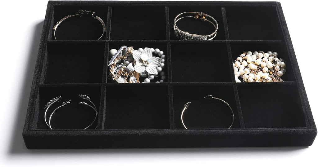 Frebeauty Stackable Velvet Jewelry Organizer Trays for Drawers Inserts Jewelry Storage Tray Display Case Stud Earrings Bracelets Necklace Rings Accessories Trays for Women Girl(Set of 4)(Black).