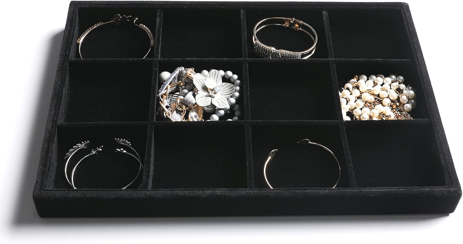 Frebeauty Stackable Velvet Jewelry Organizer Trays for Drawers Inserts Jewelry Storage Tray Display Case Stud Earrings Bracelets Necklace Rings Accessories Trays for Women Girl(Set of 4)(Black).