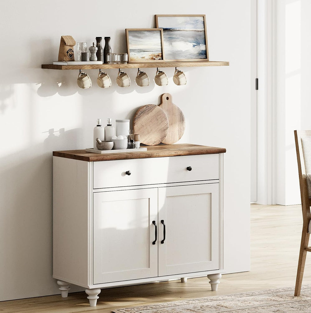 WAMPAT 34’‘ White Buffet Cabinet with Doors and Drawer, Wood Kitchen Storage ...