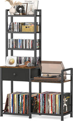 ikkle CD Rack with Drawer, 7-Tier DVD Organizer Shelf with Vinyl Storage | Media Storage Rack for CDs/DVDs, Vinyl Records, Books & Games, Ideal for Living Room & Home Office, 32.1x11.8x57.2 in, Brown