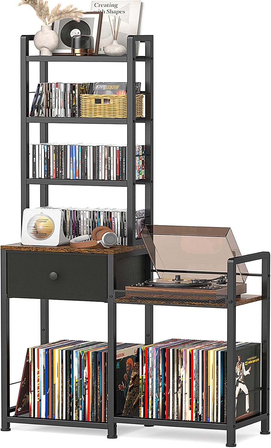 ikkle CD Rack with Drawer, 7-Tier DVD Organizer Shelf with Vinyl Storage | Media Storage Rack for CDs/DVDs, Vinyl Records, Books & Games, Ideal for Living Room & Home Office, 32.1x11.8x57.2 in, Brown