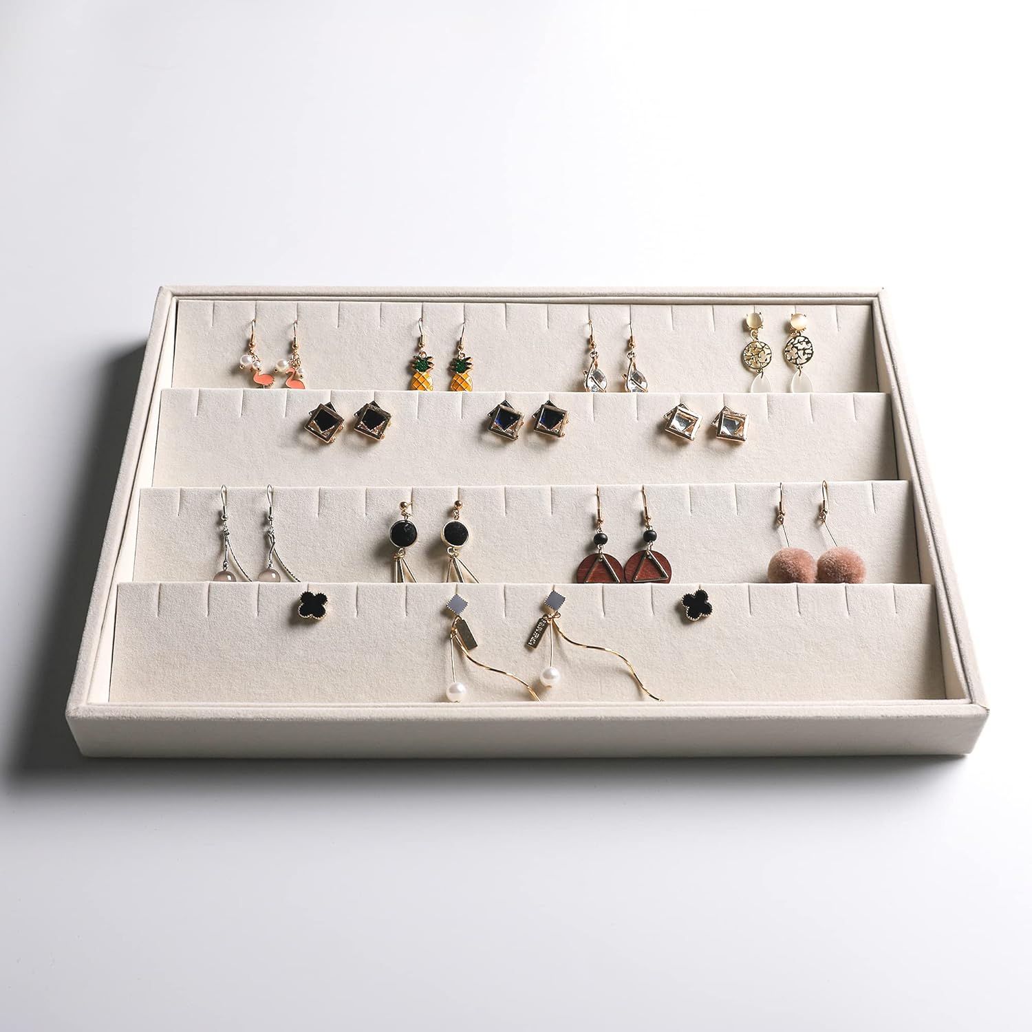 Frebeauty Stackable Velvet Jewelry Organizer Trays for Drawers Inserts Jewelry Storage Tray Display Case Earrings Bracelets Necklace Rings Accessories Trays for Women Girls(Set of 4)（Beige
