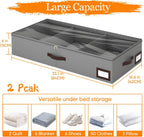 OIAHOMY 2 Pack 53L Under Bed Storage with Adjustable Dividers, 6" Low Profile Underbed Storage Bins for Comforters & Clothes, Save Closet Space with Clear View Lid & Reinforced Handles, Grey