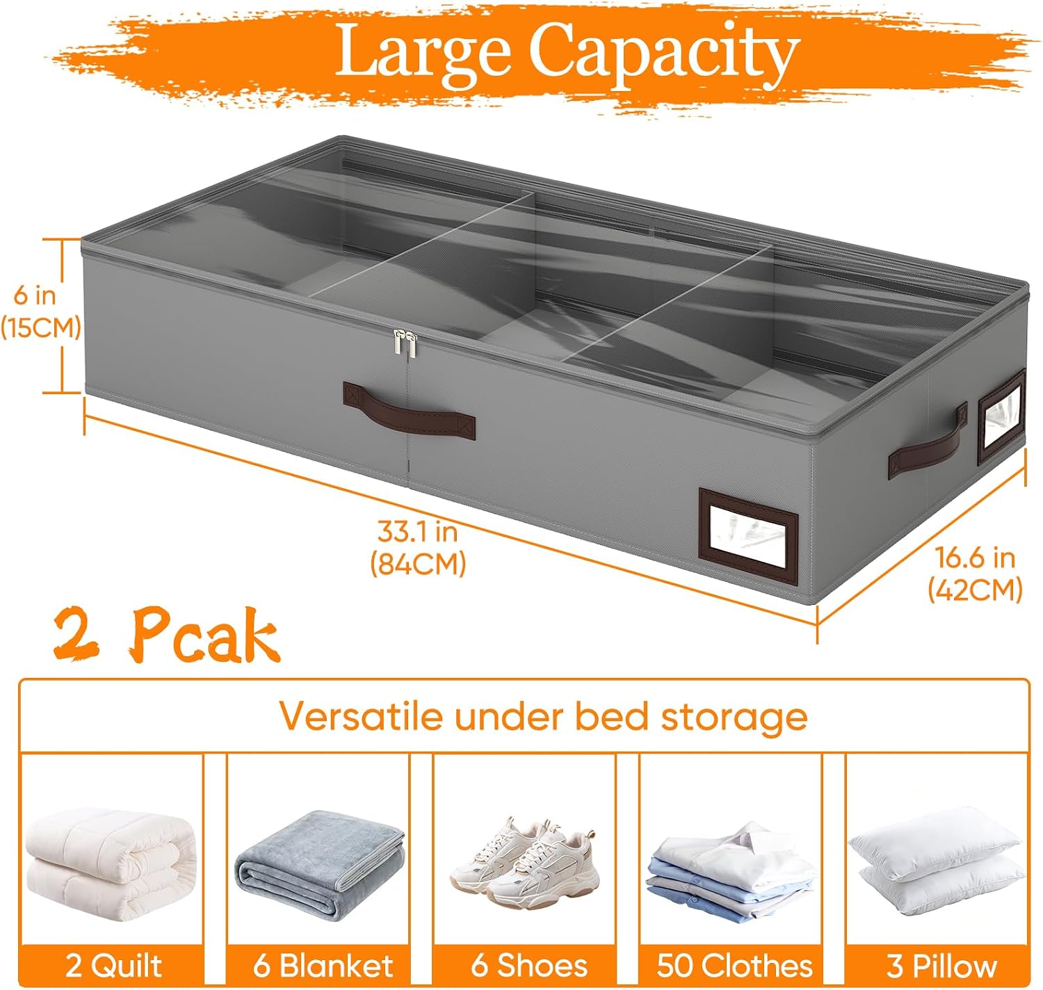 OIAHOMY 2 Pack 53L Under Bed Storage with Adjustable Dividers, 6" Low Profile Underbed Storage Bins for Comforters & Clothes, Save Closet Space with Clear View Lid & Reinforced Handles, Grey