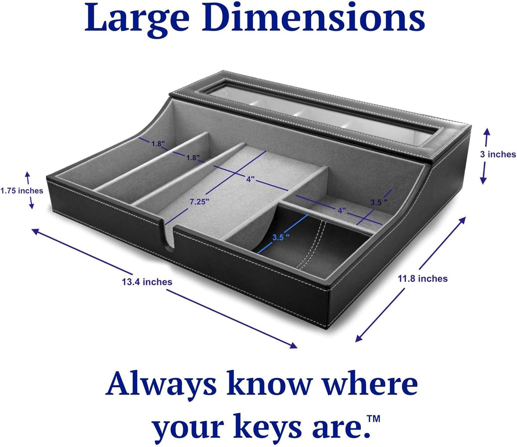 HOUNDSBAY Navigator Large Dresser Valet Tray & Mens Jewelry Box Organizer - Watch Box Organizer for Men with Angled Charging Station (Grey)