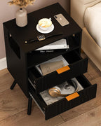 Black Nightstand,Modern Bedside Table with 2 Storage Drawer and Open Wood Shelf, for Bedroom and Small Spaces,Night Stand with Solid Wood Legs