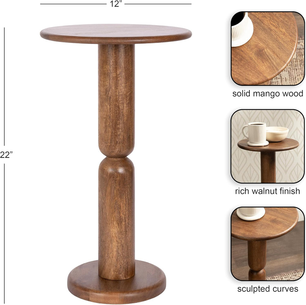 Kate and Laurel Macron Modern Mango Wood Round Side Table, 12 x 12 x 22, Waln...