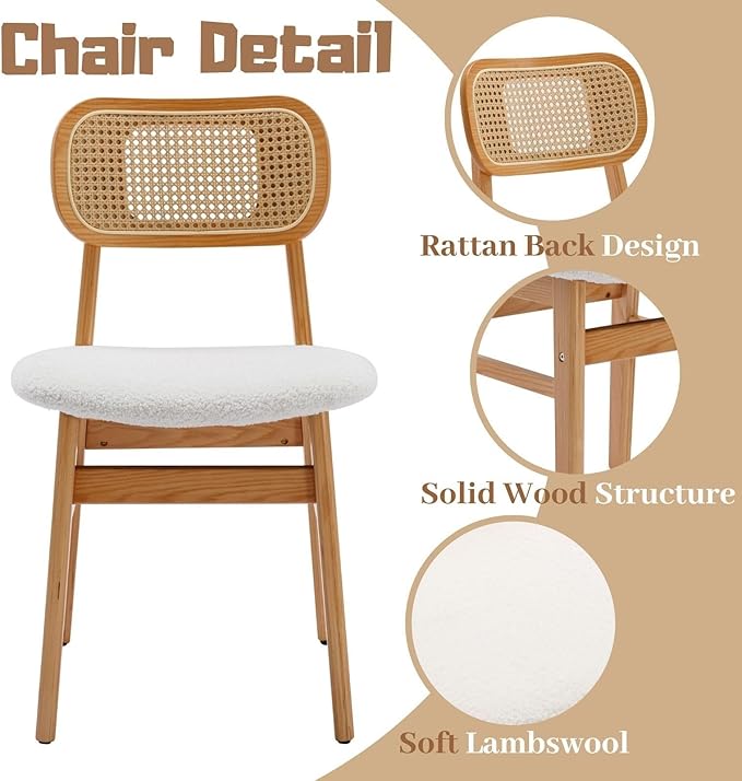 Rattan Dining Chairs Set of 6 White Lambswool Dining Room Chairs Natural Wooden Kitchen Chairs Farmhouse