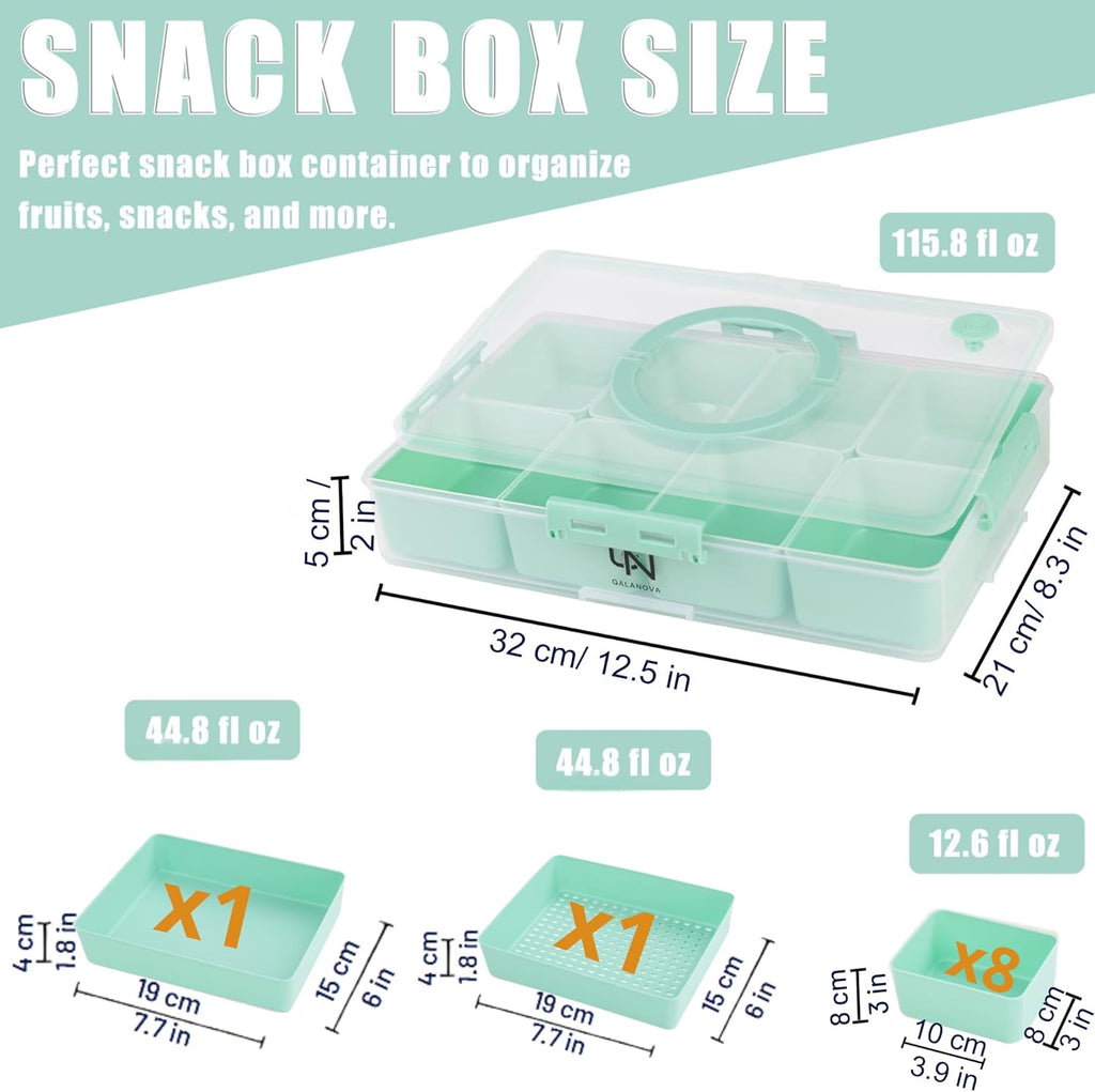 Snackle Box Container - 10 Compartments Including 2 XL, Dishwasher & Microwave Safe, Divided Serving Tray with Lid and Handle, BPA-Free, snack box (1 PCS, Green, 1 Box with 2 XL Compartments)