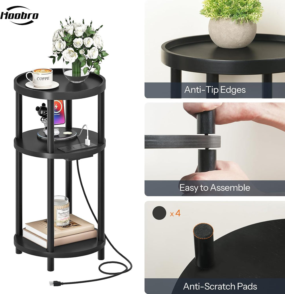 HOOBRO Small Round Side Table with Charging Station, 3-Tier Round Bamboo End ...