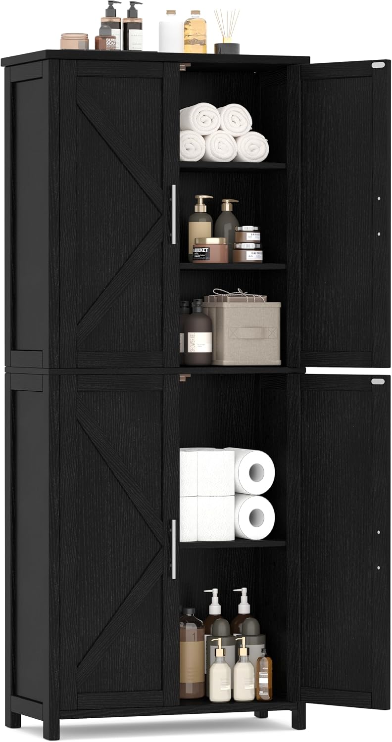 Akxomel 63''H Tall Farmhouse Bathroom Storage Cabinet with 4 Doors Bl...