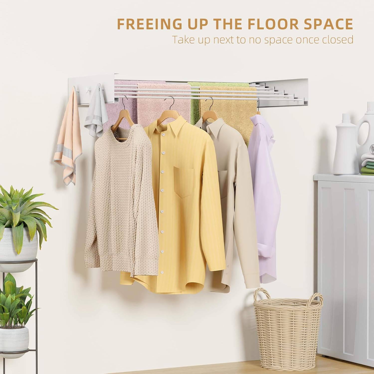 ZMBESUP Upgrade Wall Mounted Drying Rack with 6 Hooks, 31.5" Foldable Laundry Rack, 5 Rods & Hooks Space Saver for Bathroom, Collapsible Clothing Rack with Template for Indoor Outdoor (White)
