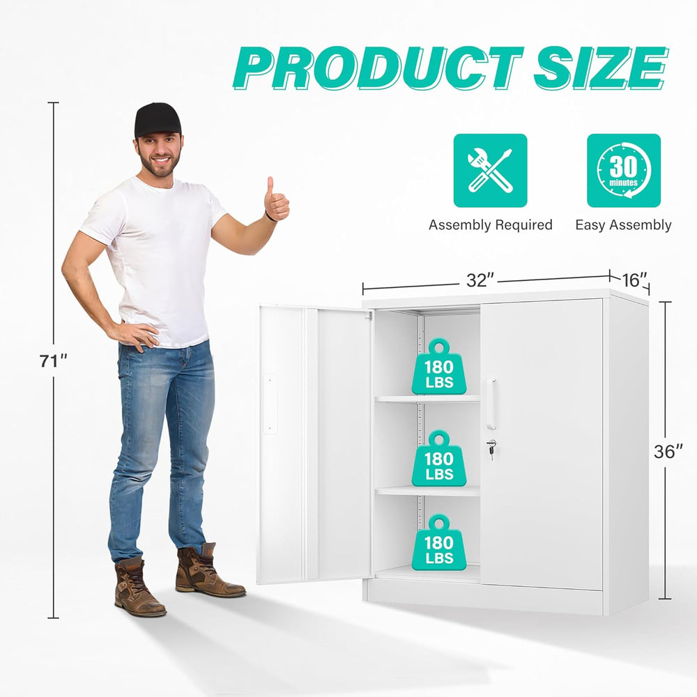 SISESOL White Metal Storage Cabinet with Doors and Shelves,36 inch Small Meta...