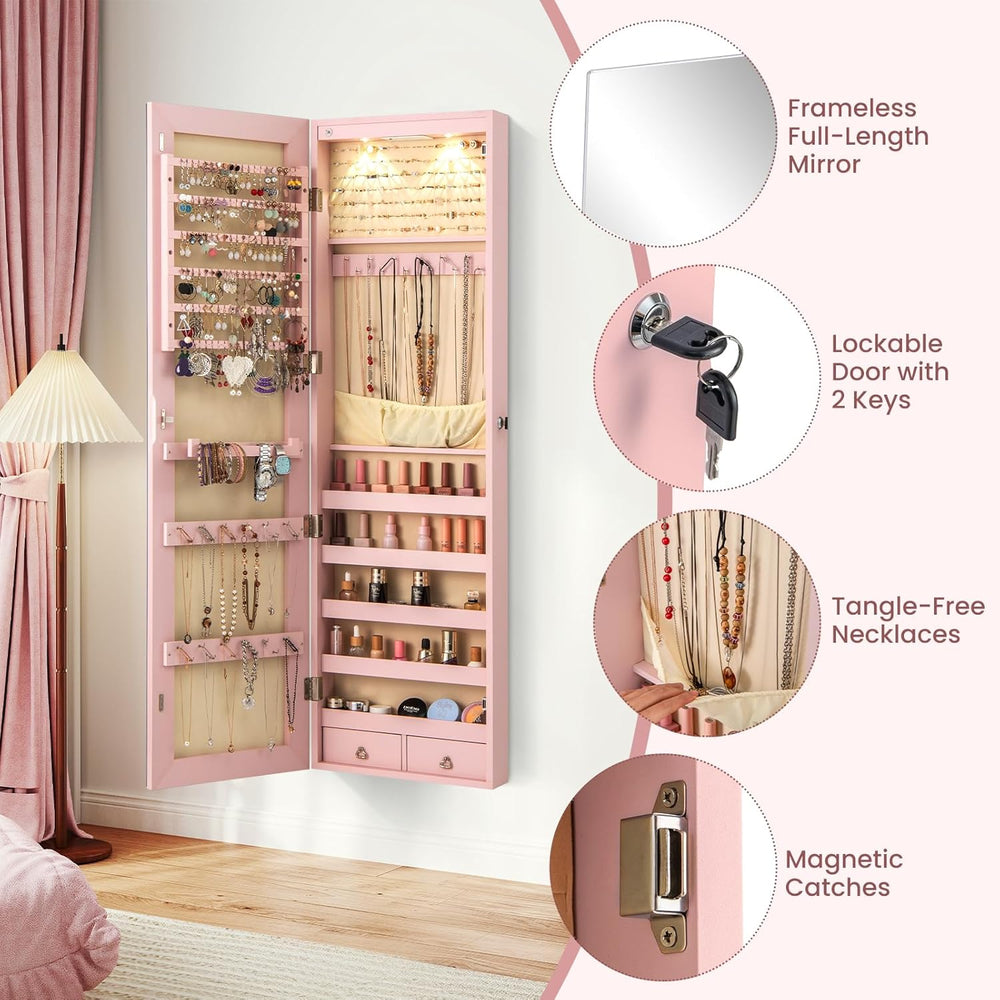 NAFORT 2 LEDs Jewelry Armoire with Full Length Mirror, Lockable Hanging Jewel...