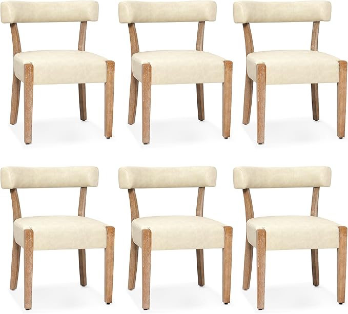 Modern Dining Chairs Set of 6, Faux Leather Upholstered Kitchen & Dining Room Chairs, Mid Century Modern Wooden Dining Chairs Oversized Sturdy Rounded Chairs Curved Back, Beige