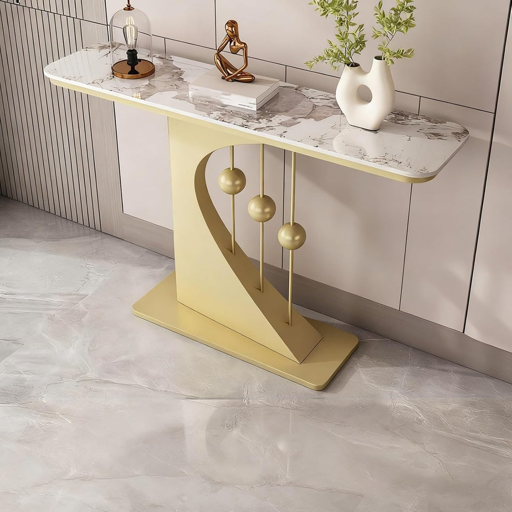 Faux Marble Console Table,Narrow Long Entryway Table,with Geometric Metal Fra...