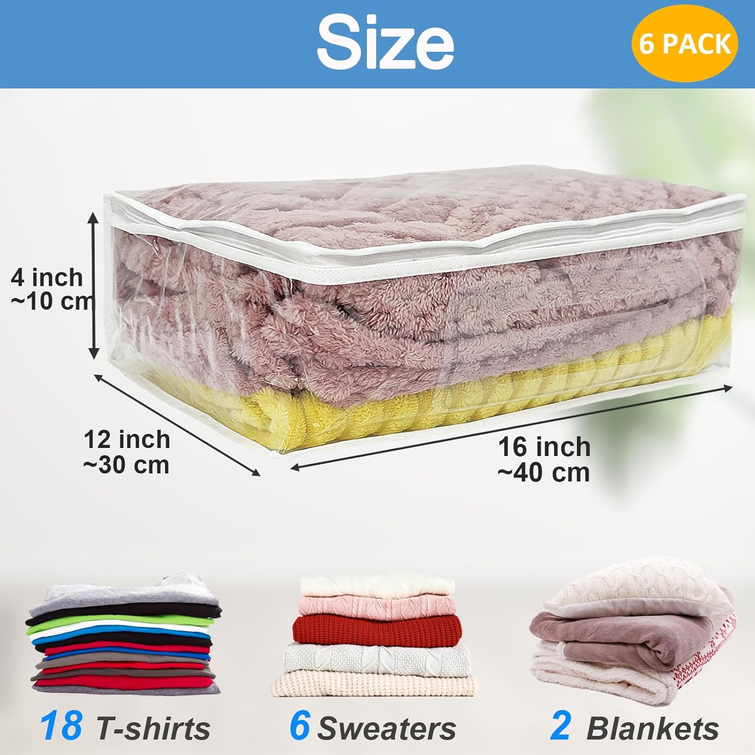 Esme L&H 6Pcs Sweater Storage Bags for Clothes, Clear Storage Bags with Zipper for Sweater Blanket Bed Sheet, Zippered Clothing for Blanket,Bedsheet,Linen,Bedding,16 * 12 * 4 Inch