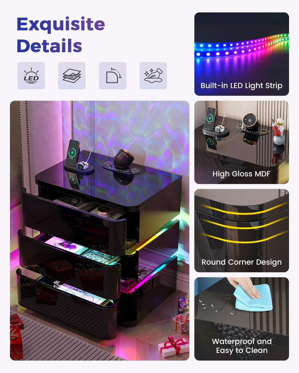 Dystler Fully Assembled Nightstand with Charging Station and LED Lights | 3 Drawers Bedside Table with Galaxy Projector & Hidden Storage, Modern RGB Night Stand Setup Perfect for Bedroom Display