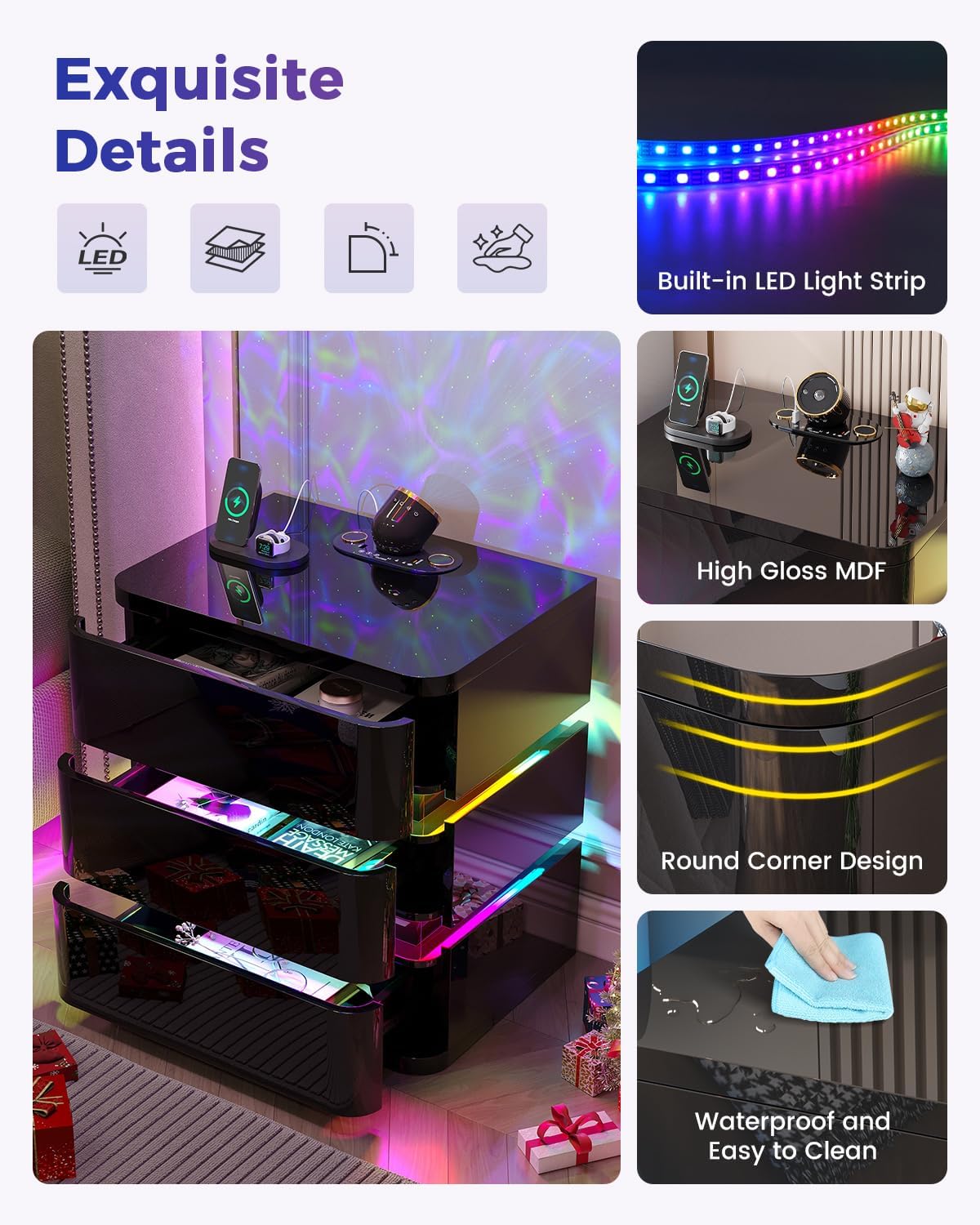 Dystler Fully Assembled Nightstand with Charging Station and LED Lights | 3 Drawers Bedside Table with Galaxy Projector & Hidden Storage, Modern RGB Night Stand Setup Perfect for Bedroom Display