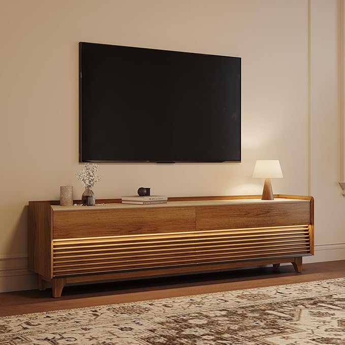 POVISON Fully-Assembled Mid Century Matte Sintered Stone TV Stand with Legs, 78.74" Wood Media Console with Adjustable LED Light, Entertainment Center with Storage for Living Room