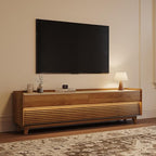 POVISON Fully-Assembled Mid Century Matte Sintered Stone TV Stand with Legs, 78.74" Wood Media Console with Adjustable LED Light, Entertainment Center with Storage for Living Room