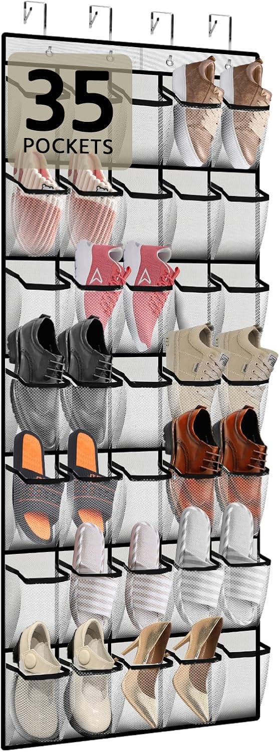 PAULONE 35 Pocket Over the Door Shoe Organizer,Reusable Breathable Large Mesh Bag Men's & Women's Sneaker Organizer,Shoe Organizer for Kids,Hanging Shoe Storage Hanging Bag -White