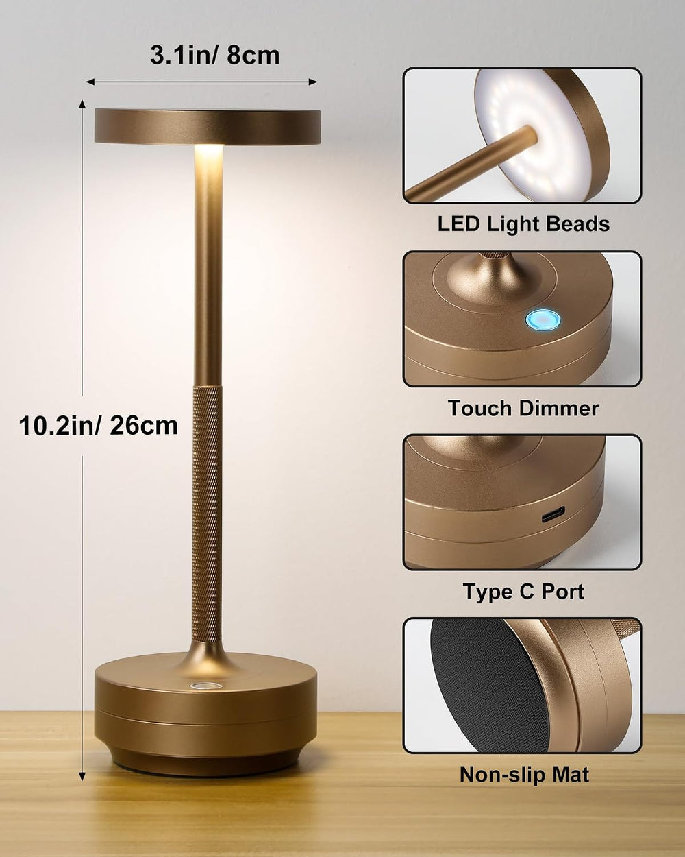 LED Cordless Lamp 5000mAh Table Lights Rechargeable 2-Pack Bronze