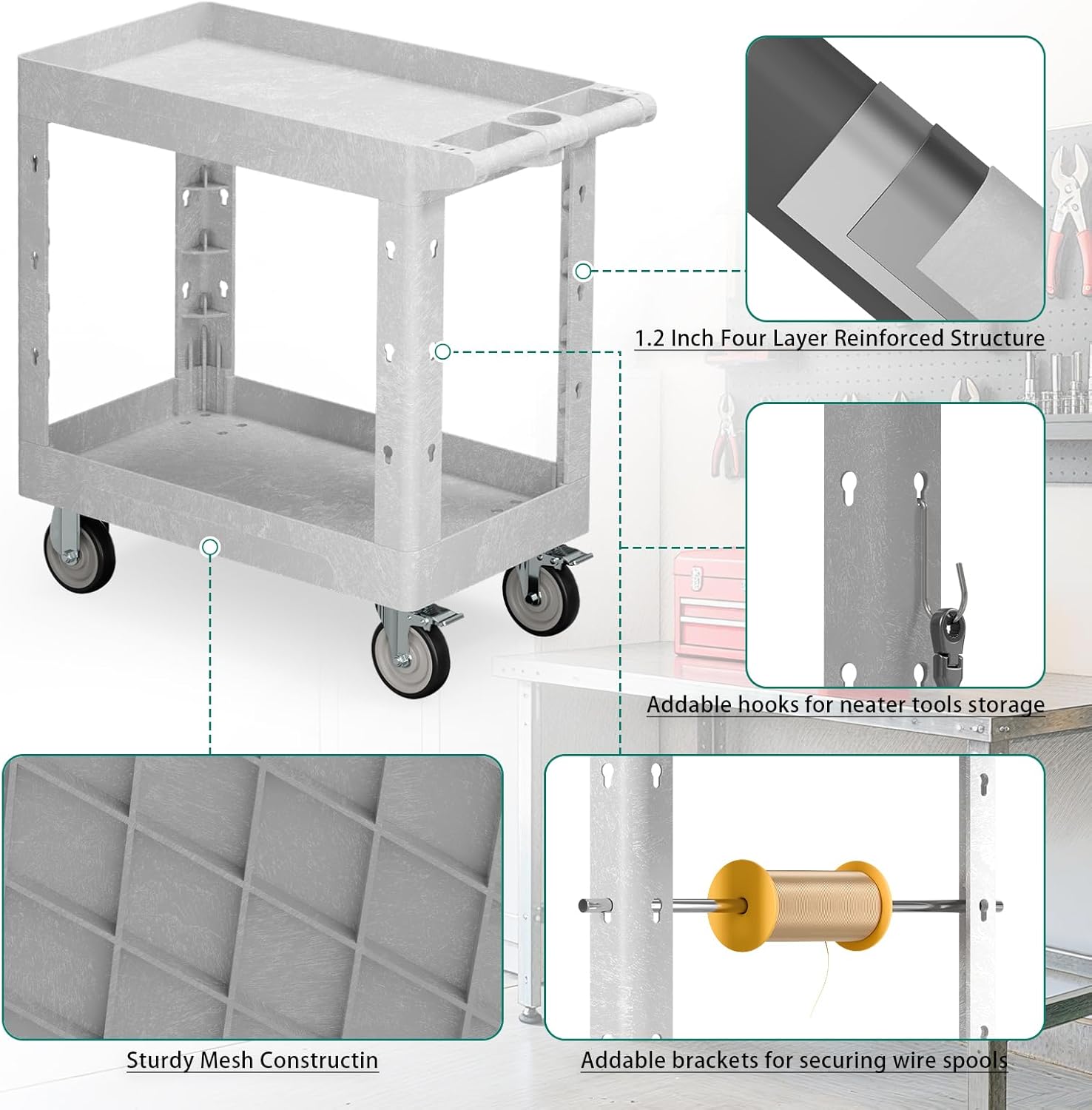 Heavy Duty Utility Rolling Tool Cart, 550 lbs Capacity Plastic Rolling Carts with 360°Swivel Wheels, 34 x 17 Inch Service Cart, 2 Shelf Work Cart for Warehouse,Garage, Cleaning, Grey