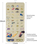Bloss Hanging Jewelry Organizer With 90 Pockets,Earring Holder Organizer Storage For Valentine's Day Gift,Double-Sided Jewelry Holder for Earrings, Necklaces, Rings on Closet,Wall,Door(Beige)