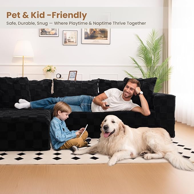 Modular Sectional Sofa, 108" L-Shaped Boneless Couch with Deep Seat, Corduroy Cloud Couch for Living Room, Bedroom, No Assembly Required, Ship in a Box, Checkered Black