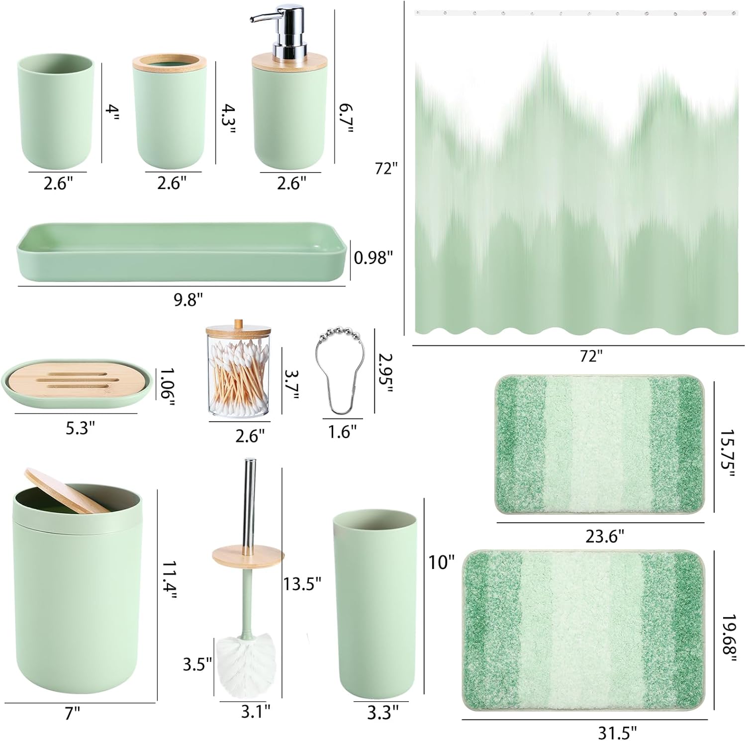 iMucci Bathroom Accessories Green Bathroom Sets with Shower Curtain and Rug, Green Ombre Waterproof Shower Curtain with Ultra Absorbent Rug Bathroom Accessories Set for Home Decor