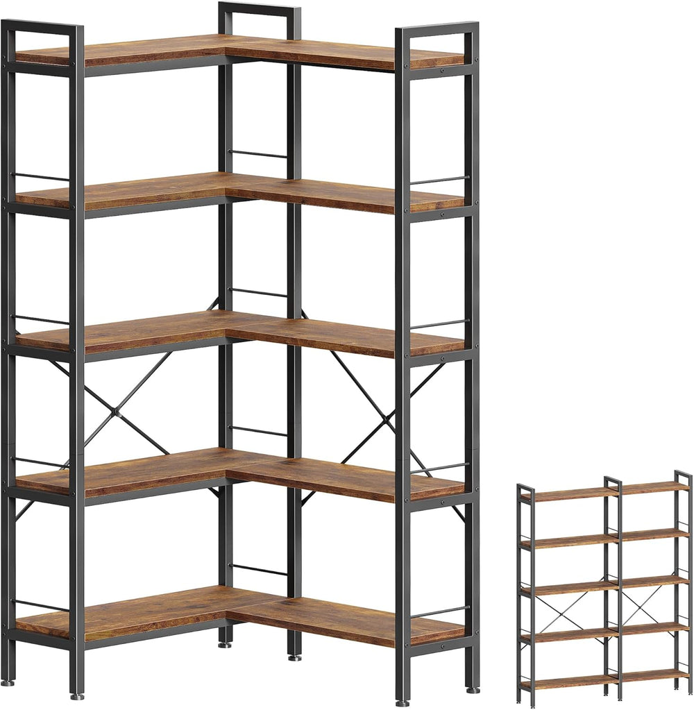 Huuger 5 Tier Bookshelf, L Shaped Corner Bookshelf with 10 Open Shelves, 49.4...