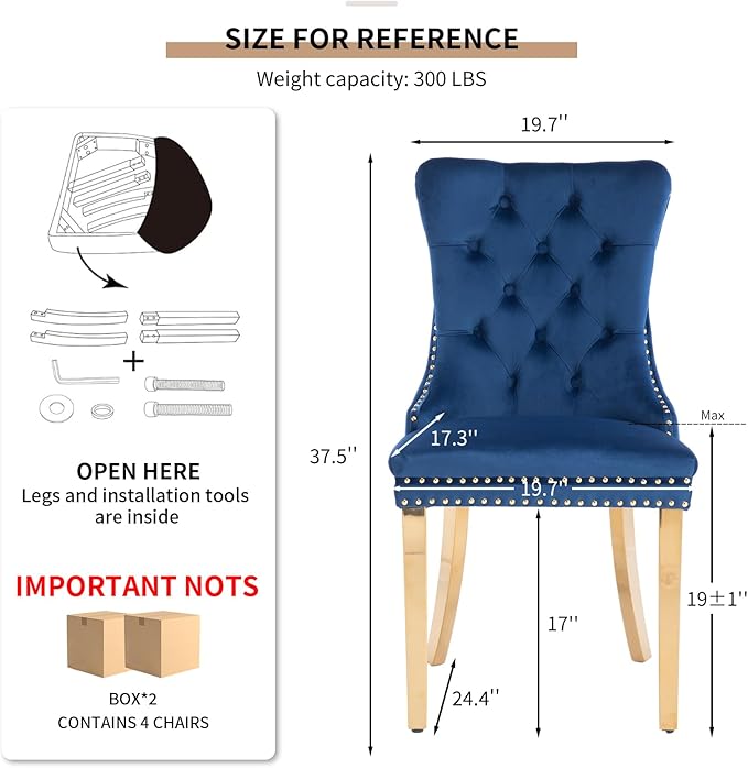 Mid Century Modern Dining Chairs Set of 4, Blue Velvet Upholstered Tufted Back, Kitchen & Dining Room Chairs, Gold Metal Legs, Nailhead Trim, Sillas para Comedor (Blue, 4 Pcs)