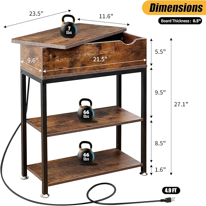 Rotating Top End Table with Charging Station, Side Table with USB Ports and O...