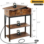 Rotating Top End Table with Charging Station, Side Table with USB Ports and Outlets, 24" W x 12" D x 27" H, Rotating End Table with Storage, Couch Side Tables, Narrow Table Living Room, Bedroom